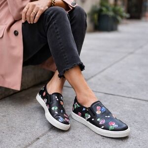 Coach Parkside Black Floral Tea Rose Leather Slip-On Sneakers | Loafers, Size 7
